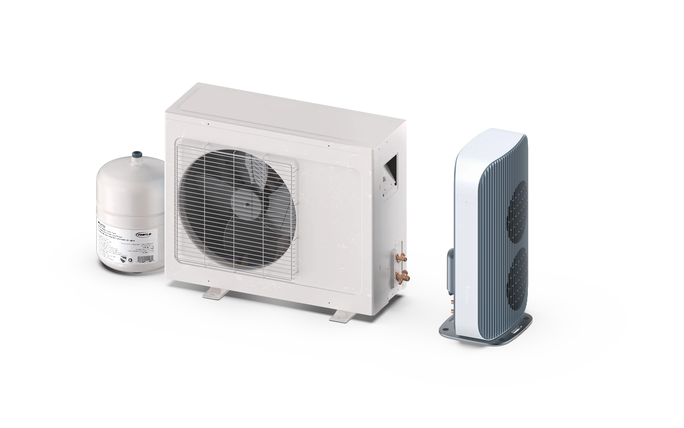 Airform One outdoor unit beside the closest competitor's condenser and expansion tank — a fraction of the size