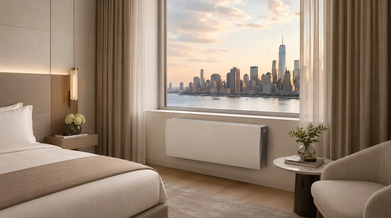 Airform Solo installed in a bedroom overlooking the city skyline