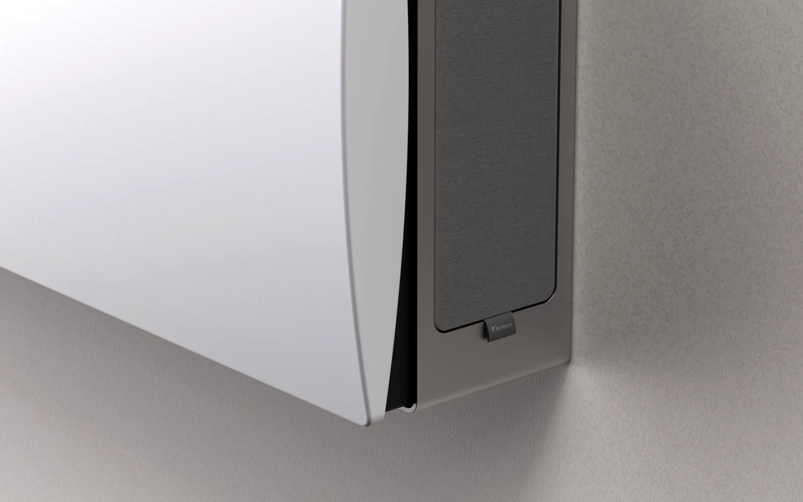 The side of the unit, showing the removable filter panel behind a fabric cover