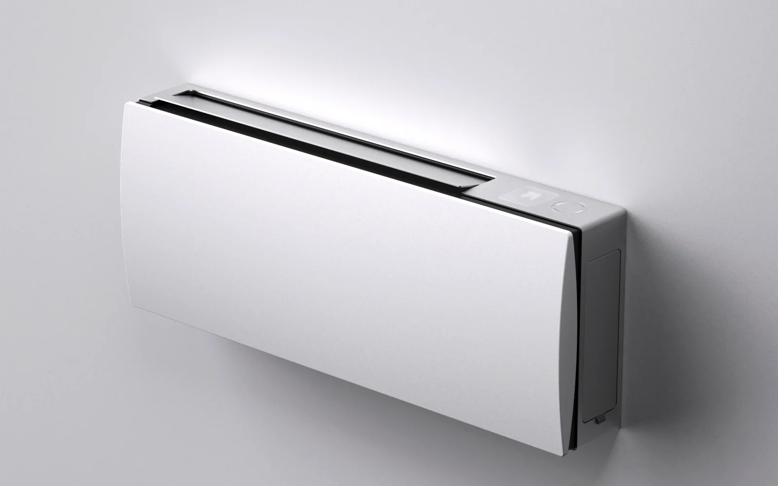 The Airform Solo packaged terminal heat pump mounted on a wall, front panel closed